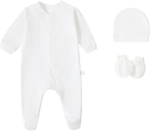 Baby Rompers 0~3 to 3-6 Months 100% Cotton Footies 3PCS Jumpsuit with Solid Hats Mittens Gloves