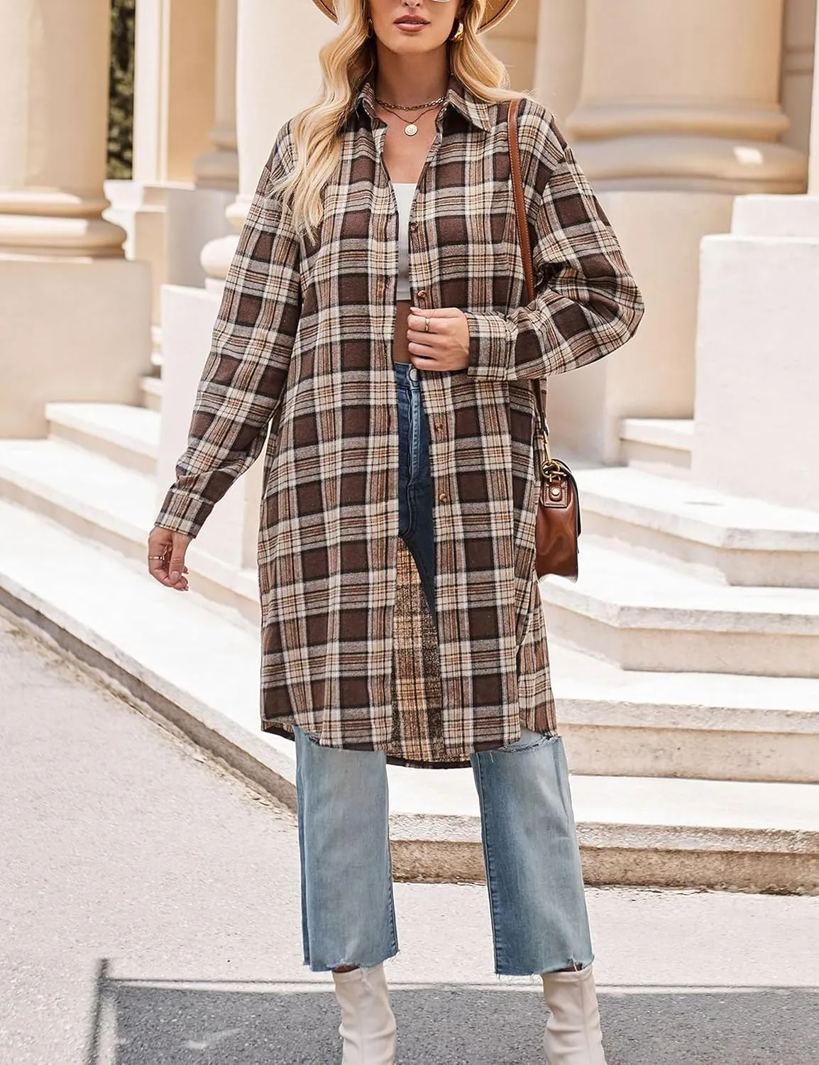 Bozanly Oversized Mid Long Plaid Flannel Shirts for Women Lapel Long Sleeve Check Blouse with Pockets