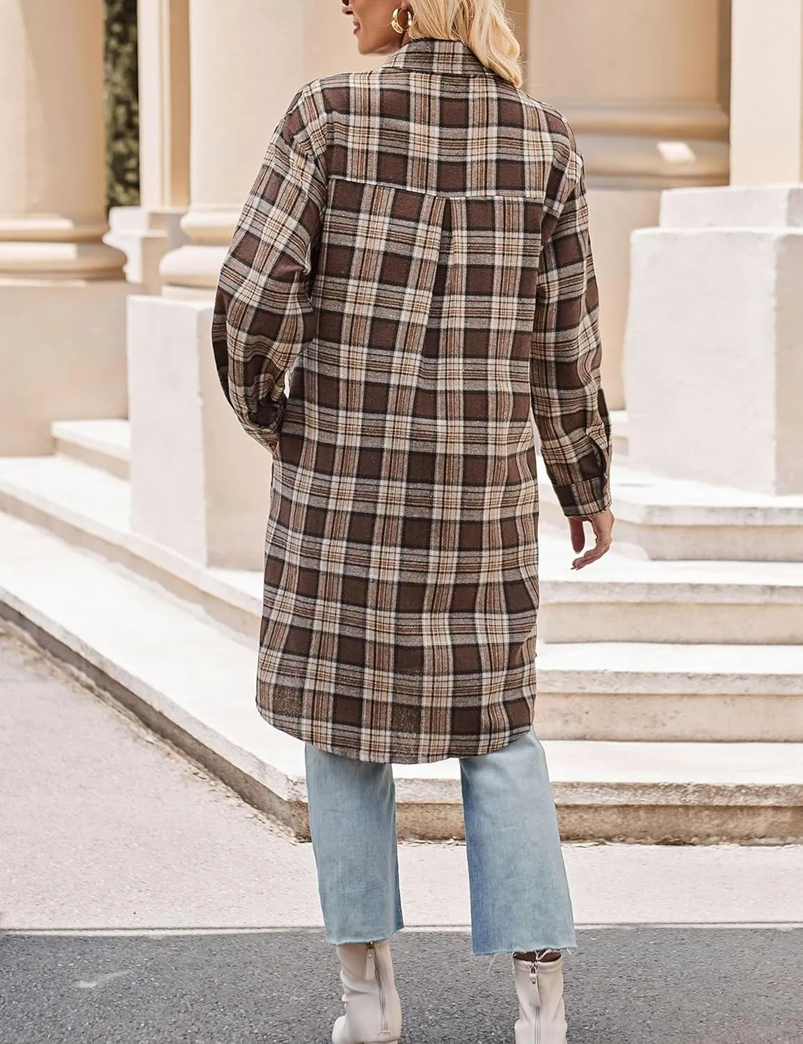 Bozanly Oversized Mid Long Plaid Flannel Shirts for Women Lapel Long Sleeve Check Blouse with Pockets