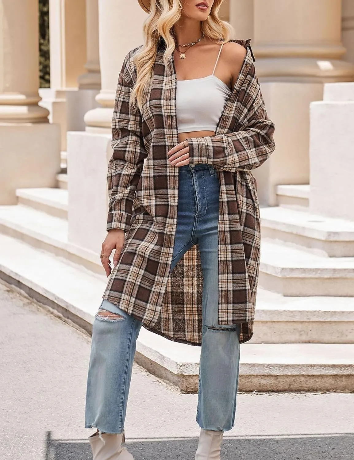 Bozanly Oversized Mid Long Plaid Flannel Shirts for Women Lapel Long Sleeve Check Blouse with Pockets