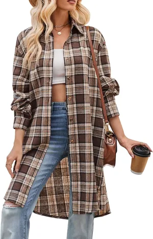 Bozanly Oversized Mid Long Plaid Flannel Shirts for Women Lapel Long Sleeve Check Blouse with Pockets