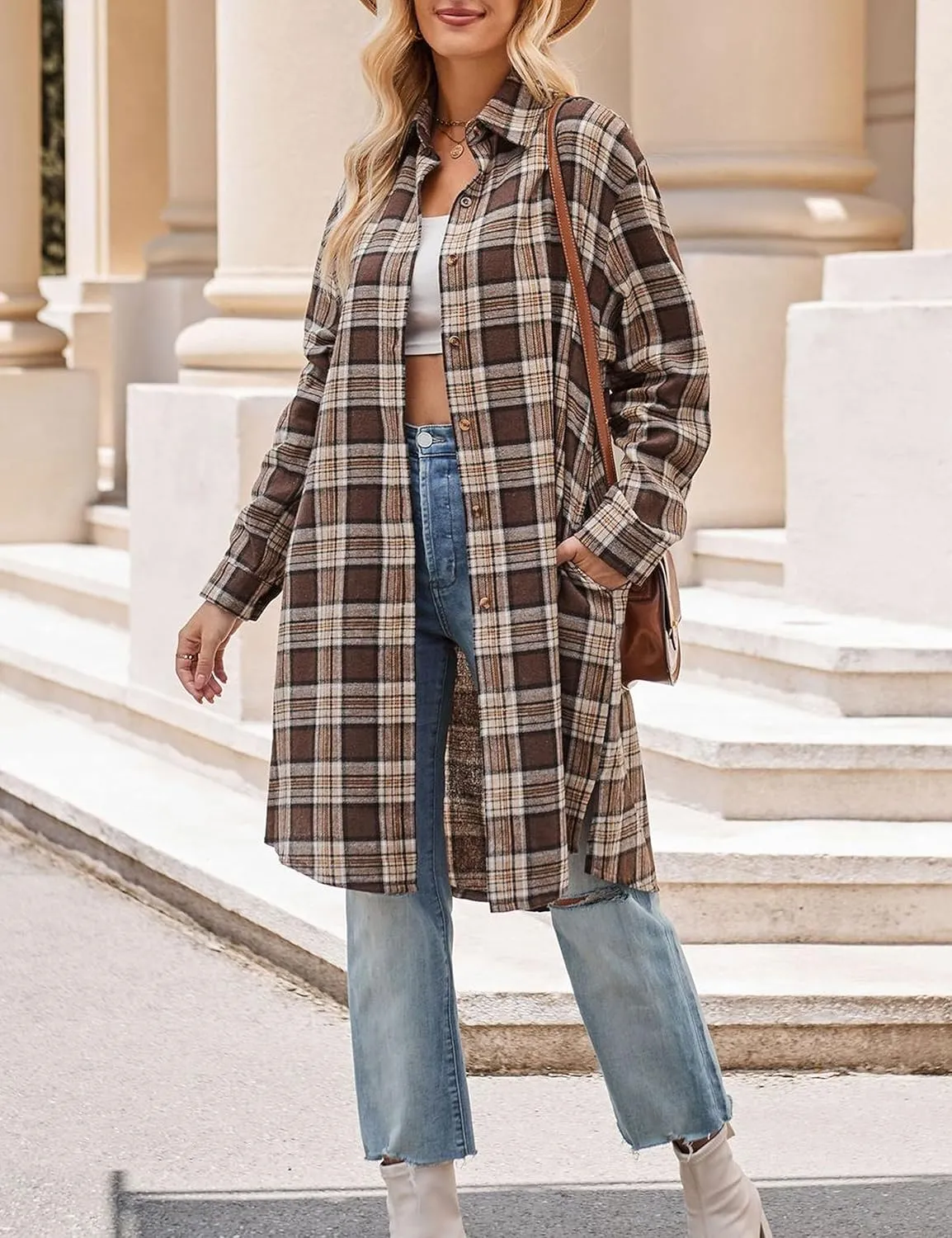 Bozanly Oversized Mid Long Plaid Flannel Shirts for Women Lapel Long Sleeve Check Blouse with Pockets