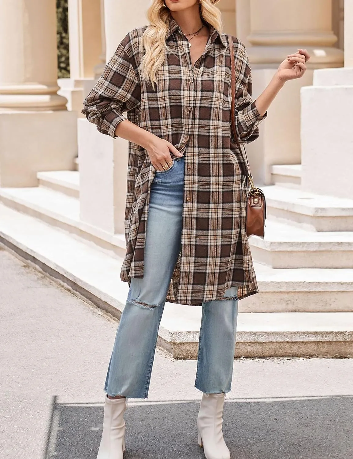 Bozanly Oversized Mid Long Plaid Flannel Shirts for Women Lapel Long Sleeve Check Blouse with Pockets
