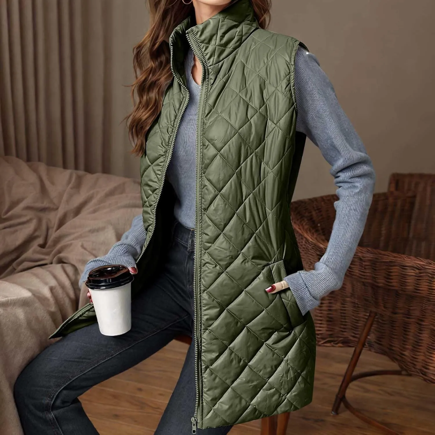 fartey Quilted Vest Women 2024 Sleeveless Puffer Vest Jackets Zip Up Stand Collar Gilet Coats Outwear Witt Pockets