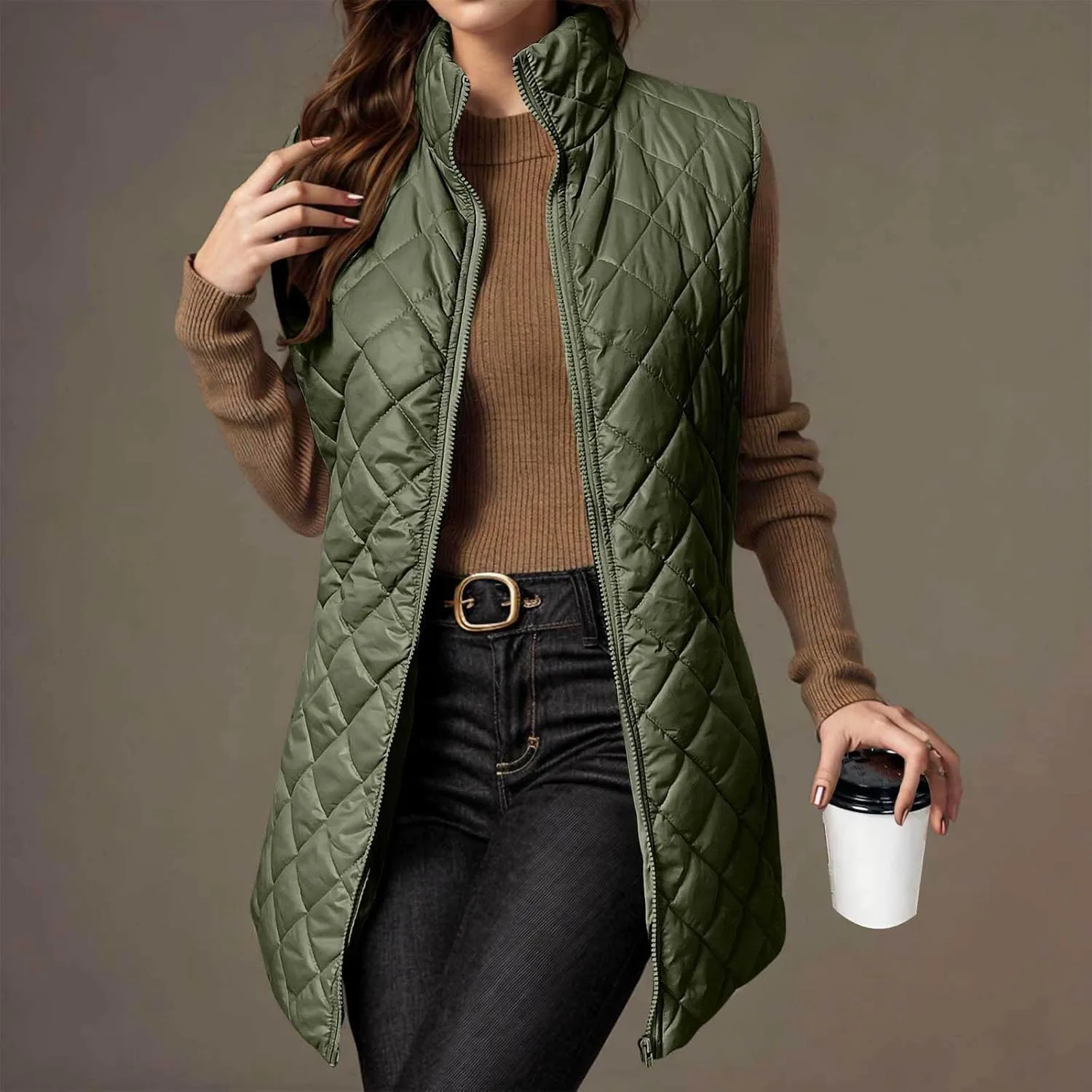 fartey Quilted Vest Women 2024 Sleeveless Puffer Vest Jackets Zip Up Stand Collar Gilet Coats Outwear Witt Pockets