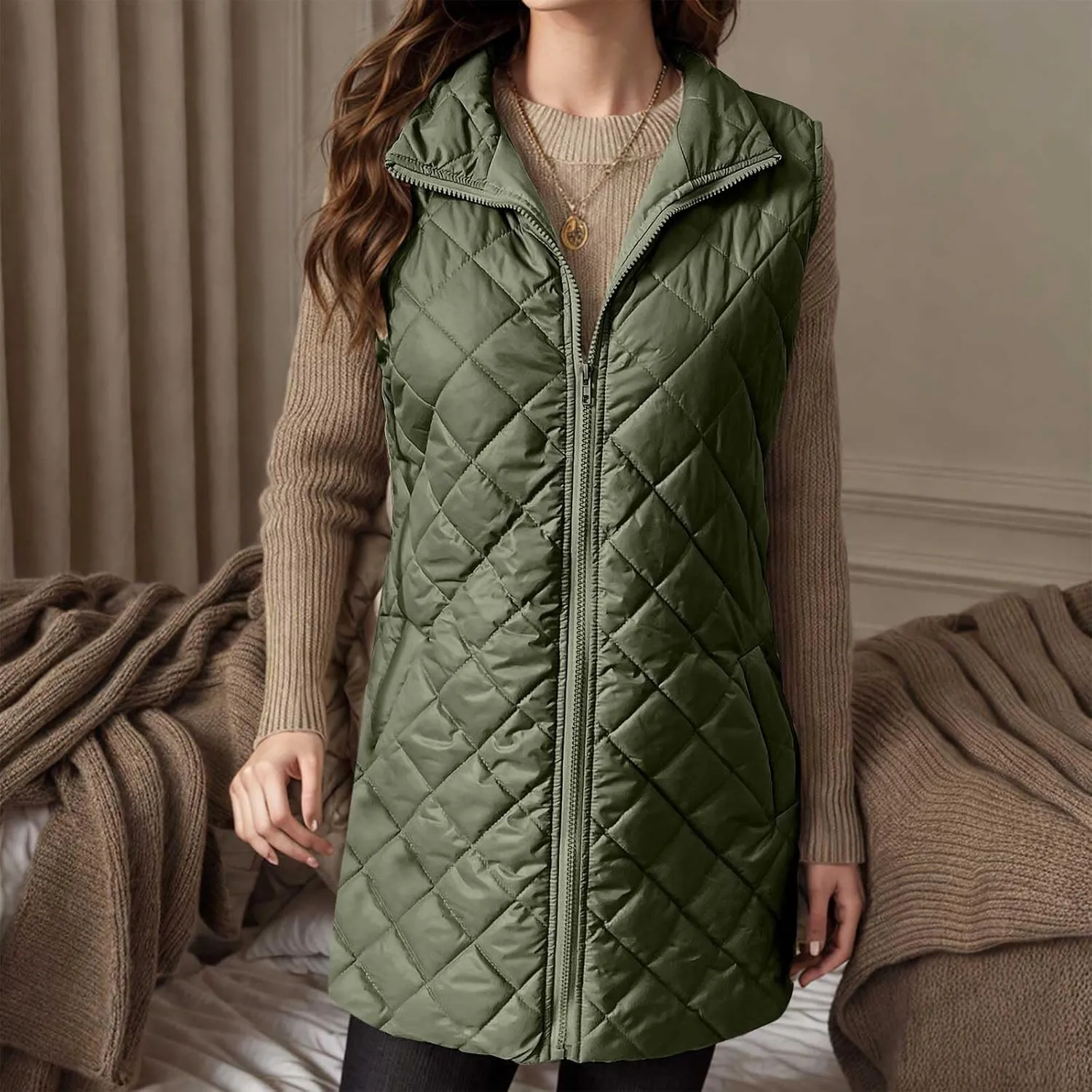 fartey Quilted Vest Women 2024 Sleeveless Puffer Vest Jackets Zip Up Stand Collar Gilet Coats Outwear Witt Pockets
