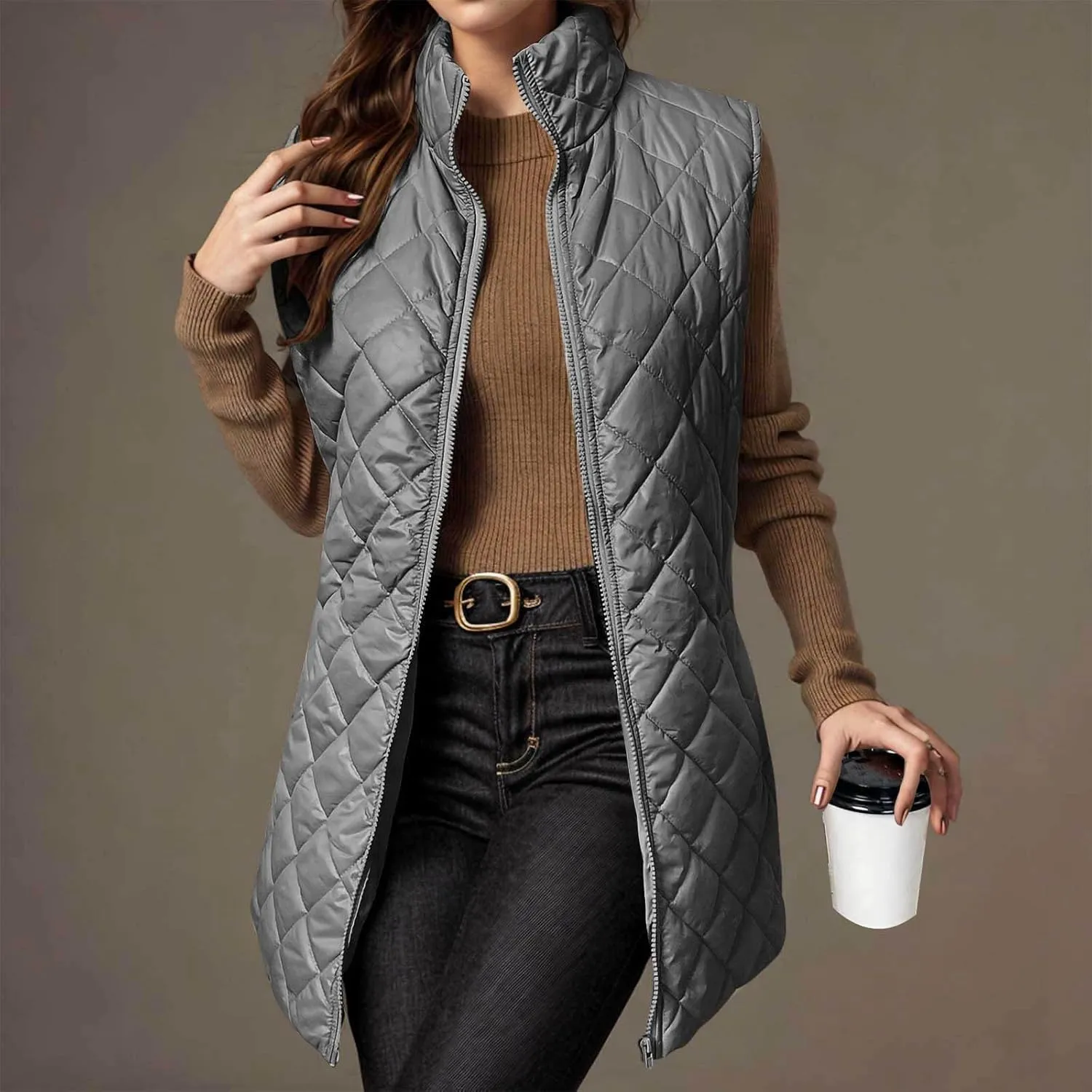 fartey Quilted Vest Women 2024 Sleeveless Puffer Vest Jackets Zip Up Stand Collar Gilet Coats Outwear Witt Pockets