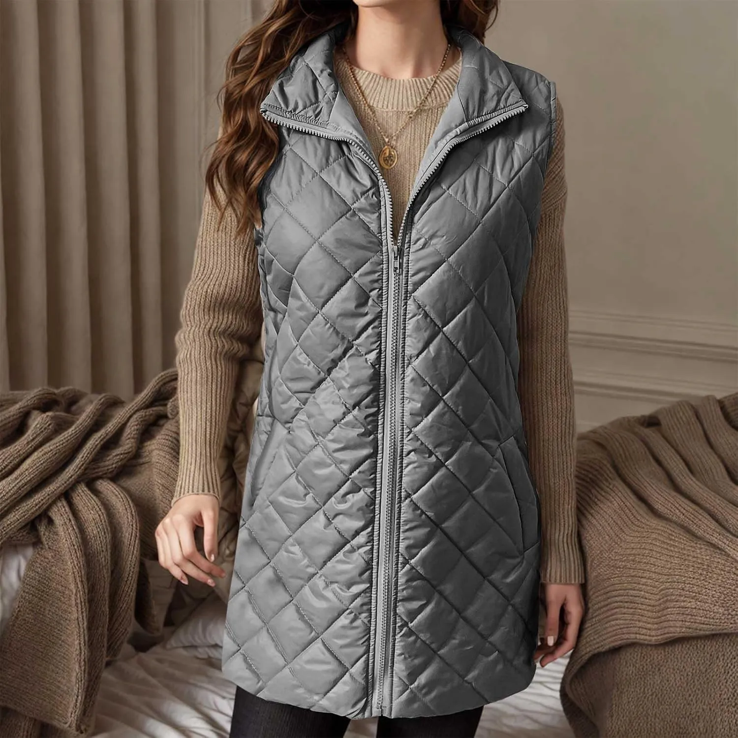 fartey Quilted Vest Women 2024 Sleeveless Puffer Vest Jackets Zip Up Stand Collar Gilet Coats Outwear Witt Pockets