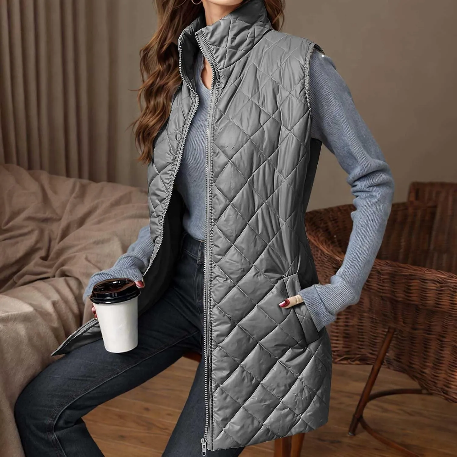 fartey Quilted Vest Women 2024 Sleeveless Puffer Vest Jackets Zip Up Stand Collar Gilet Coats Outwear Witt Pockets