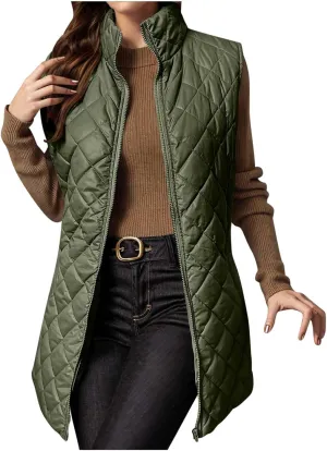 fartey Quilted Vest Women 2024 Sleeveless Puffer Vest Jackets Zip Up Stand Collar Gilet Coats Outwear Witt Pockets