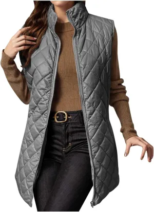 fartey Quilted Vest Women 2024 Sleeveless Puffer Vest Jackets Zip Up Stand Collar Gilet Coats Outwear Witt Pockets