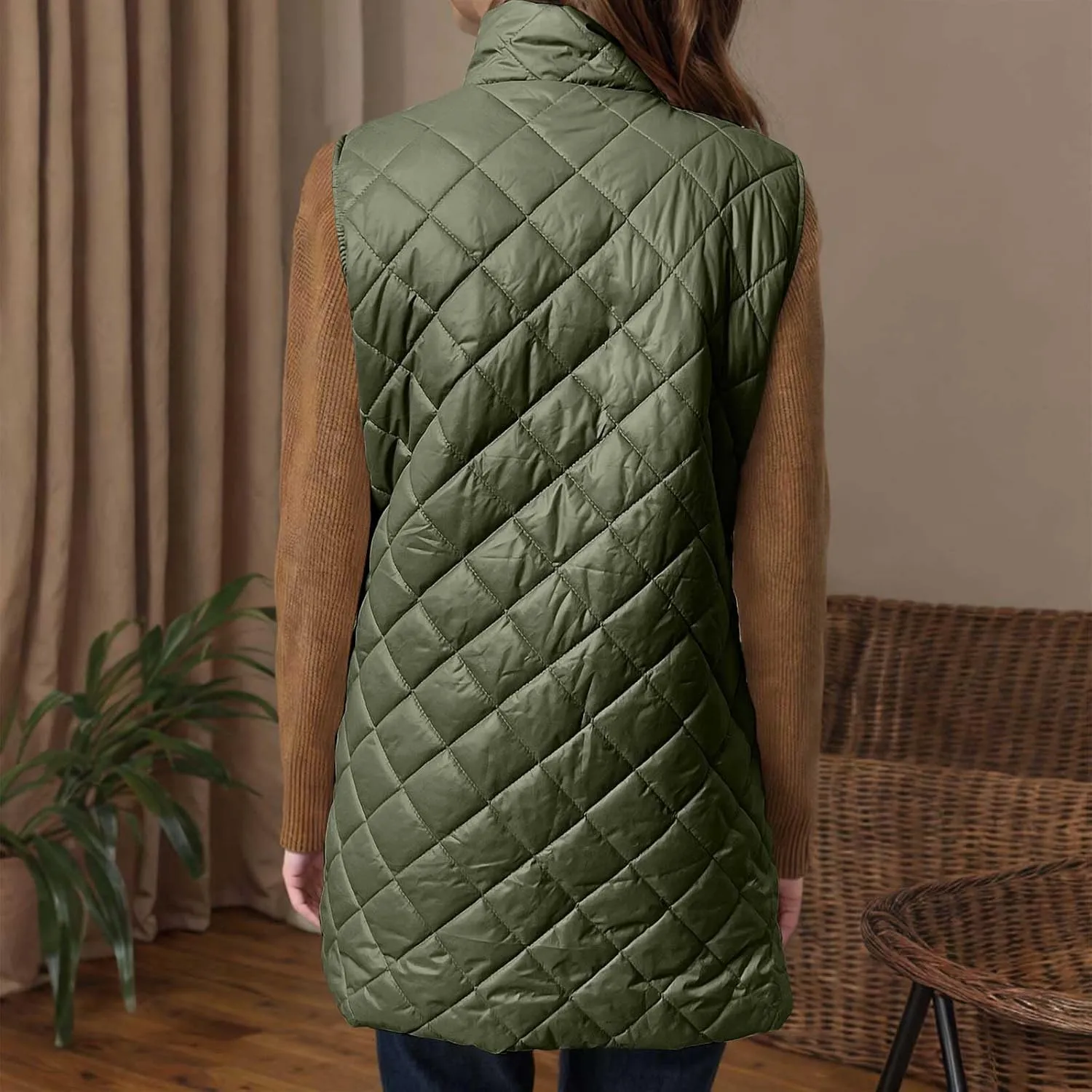 fartey Quilted Vest Women 2024 Sleeveless Puffer Vest Jackets Zip Up Stand Collar Gilet Coats Outwear Witt Pockets