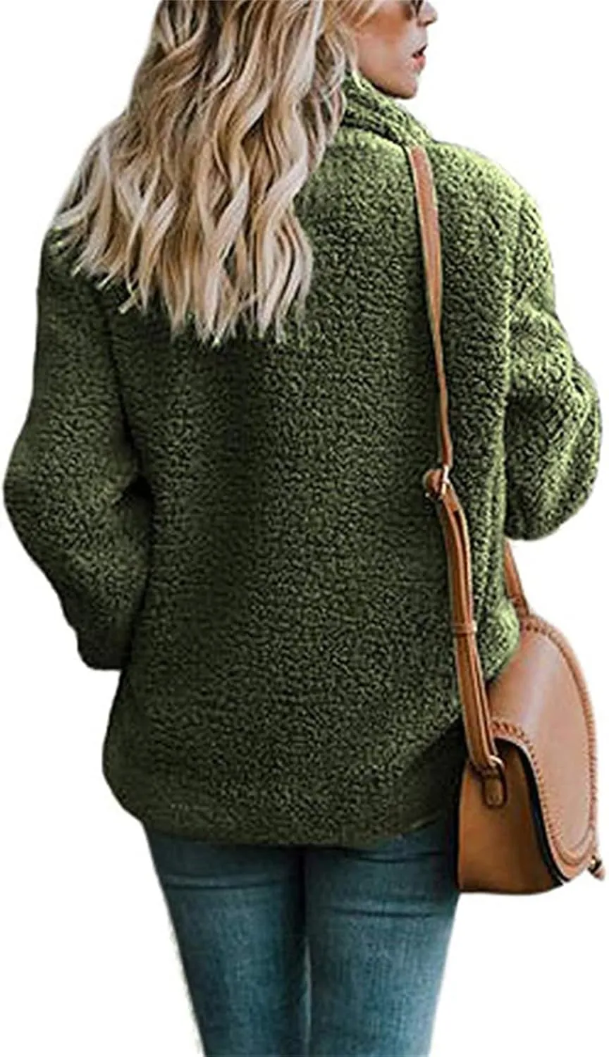 Fuzzy Fleece Jacket Women 2024 Winter Teddy Bear Sherpa Coats Warm Lapel Button Down Cardigan Faux Fur Outwear Pockets