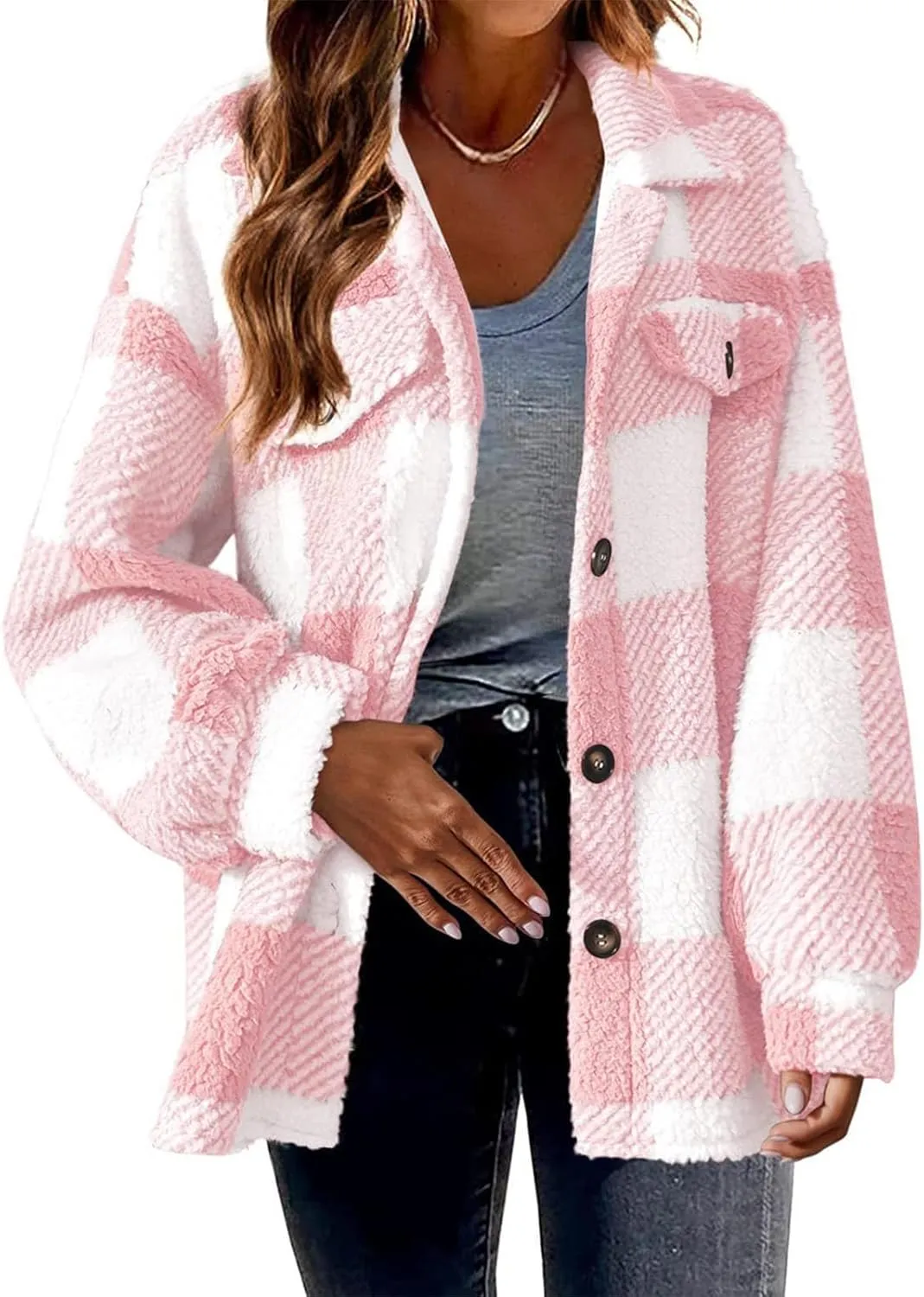 Fuzzy Fleece Shacket Jacket Sherpa Plaid Fleece Shearling Lined Coat