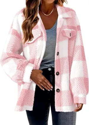 Fuzzy Fleece Shacket Jacket Sherpa Plaid Fleece Shearling Lined Coat