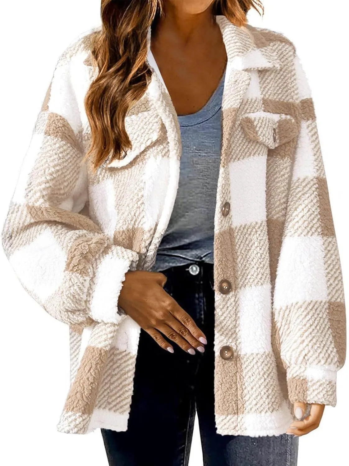 Fuzzy Fleece Shacket Jacket Sherpa Plaid Fleece Shearling Lined Coat