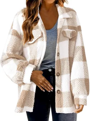 Fuzzy Fleece Shacket Jacket Sherpa Plaid Fleece Shearling Lined Coat