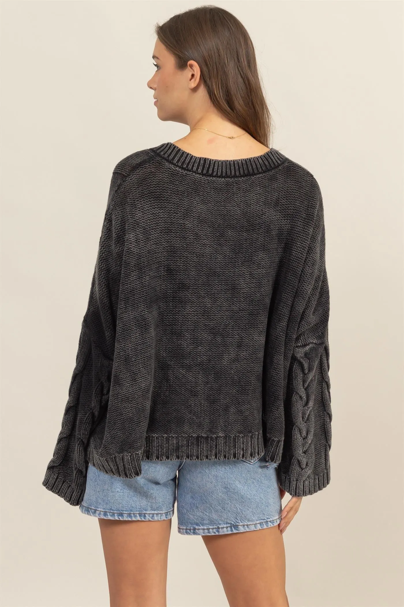 HYFVE Cable Knit Sweater Oversized  V-Neck Long Sleeve