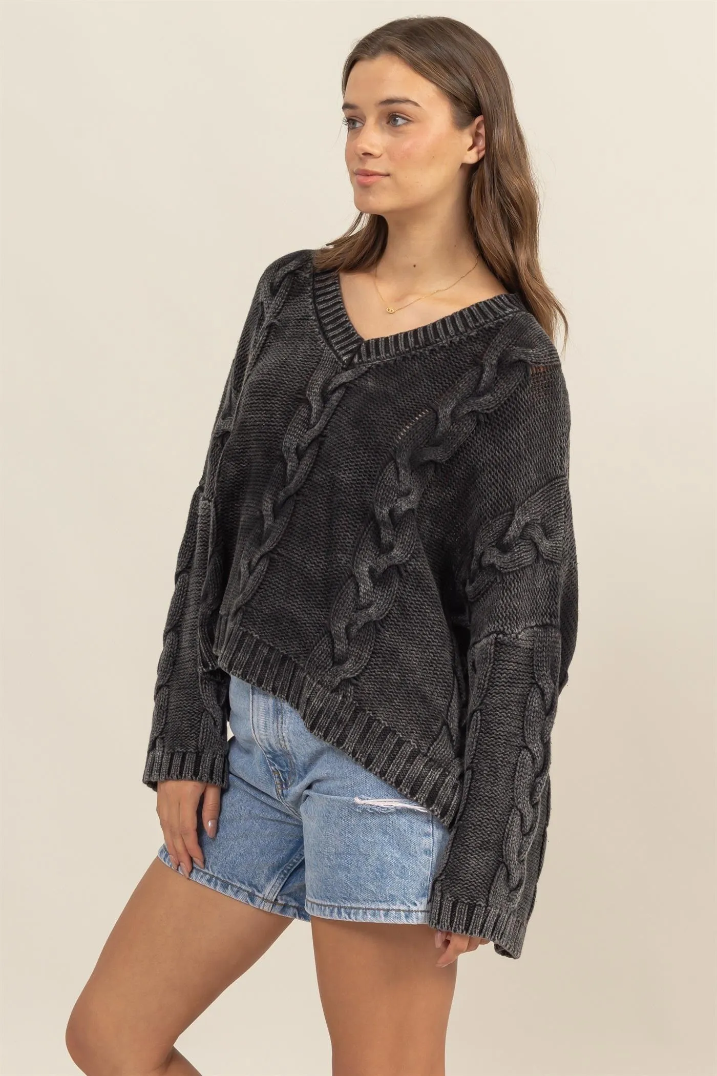 HYFVE Cable Knit Sweater Oversized  V-Neck Long Sleeve