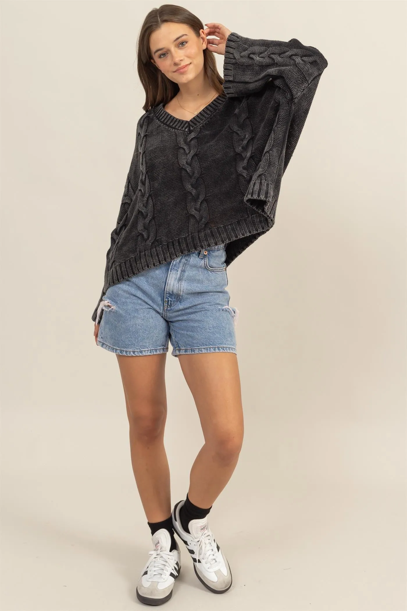 HYFVE Cable Knit Sweater Oversized  V-Neck Long Sleeve