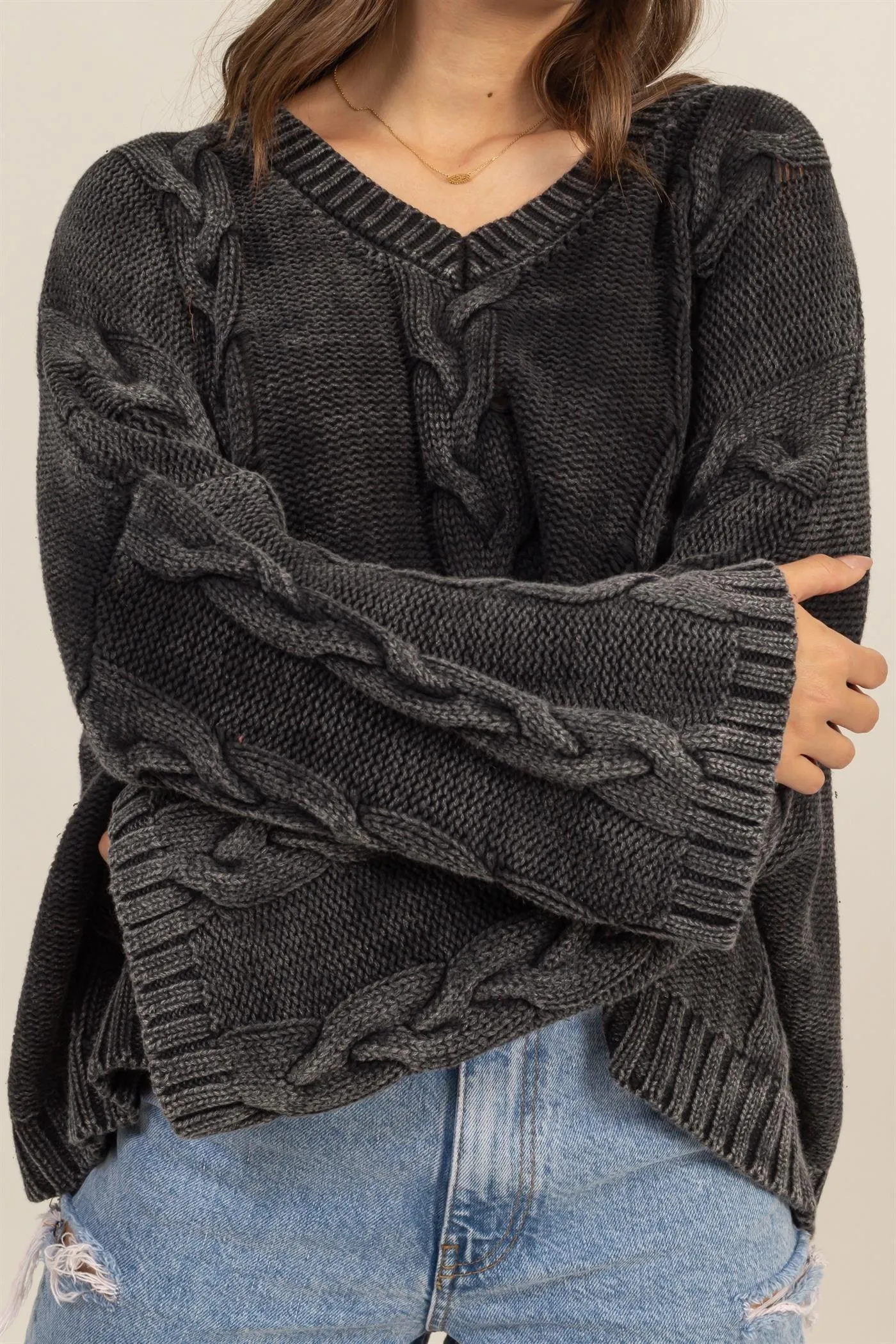 HYFVE Cable Knit Sweater Oversized  V-Neck Long Sleeve
