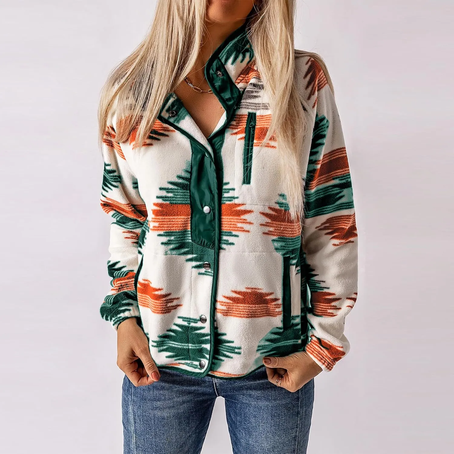 Maixang Women's Western Aztec Print Jacket Casual Fleece Long Sleeve Shacket Snap Button Shirt Jacket with Pockets