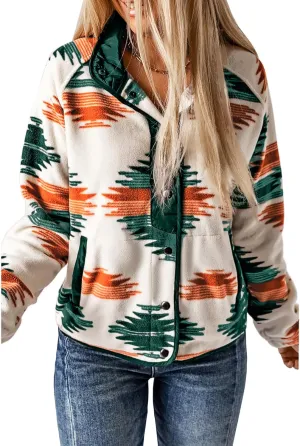 Maixang Women's Western Aztec Print Jacket Casual Fleece Long Sleeve Shacket Snap Button Shirt Jacket with Pockets