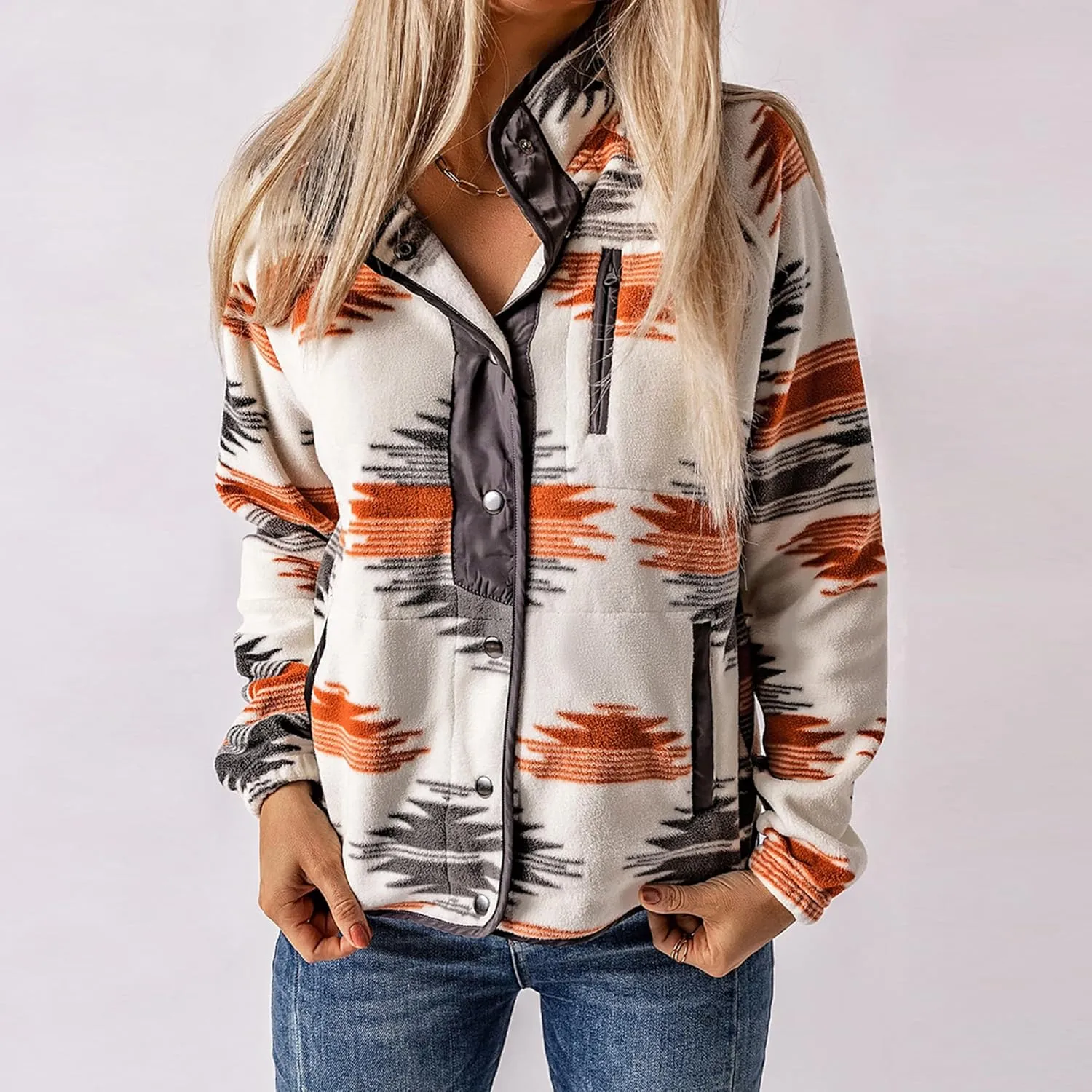 Maixang Women's Western Aztec Print Jacket Casual Fleece Long Sleeve Shacket Snap Button Shirt Jacket with Pockets