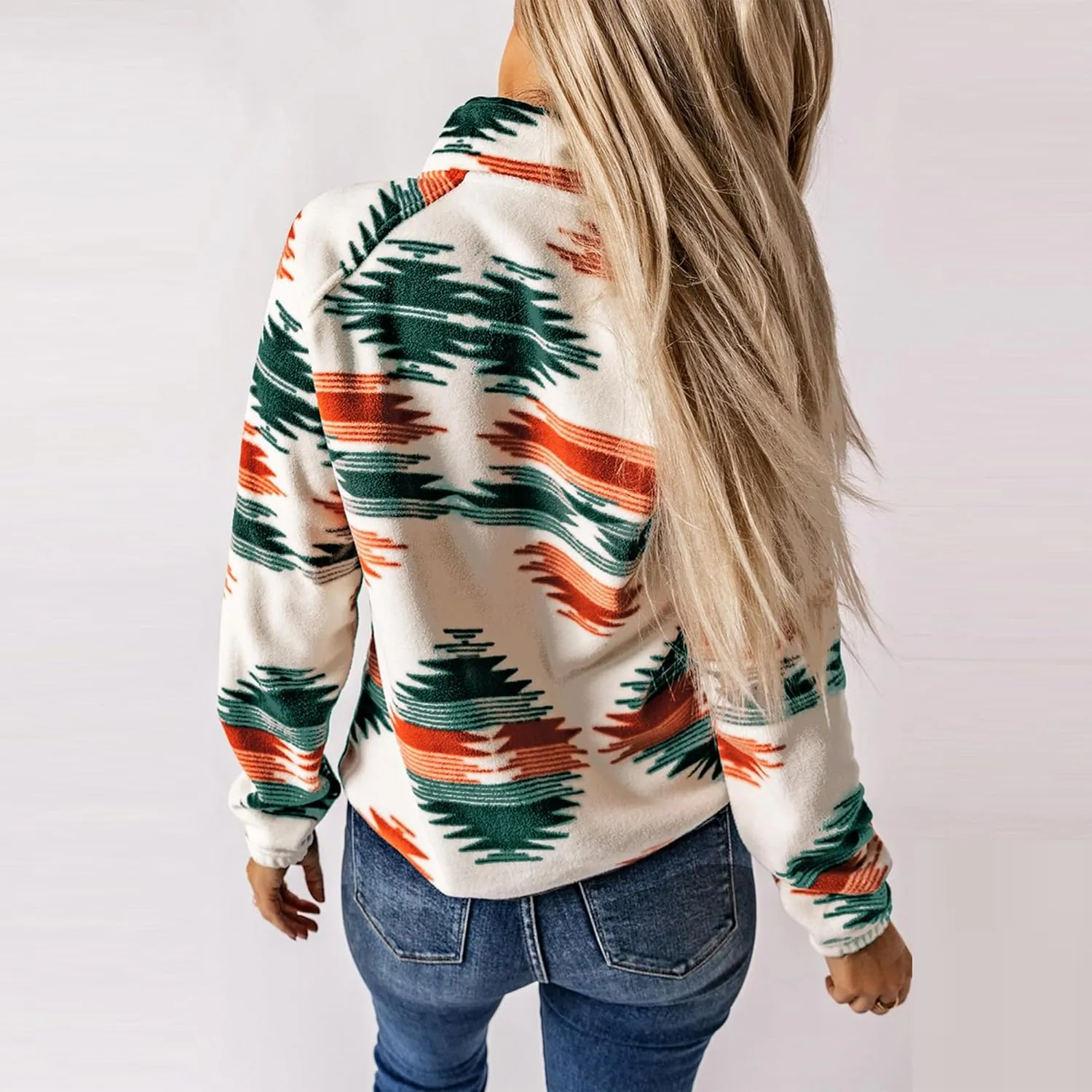 Maixang Women's Western Aztec Print Jacket Casual Fleece Long Sleeve Shacket Snap Button Shirt Jacket with Pockets