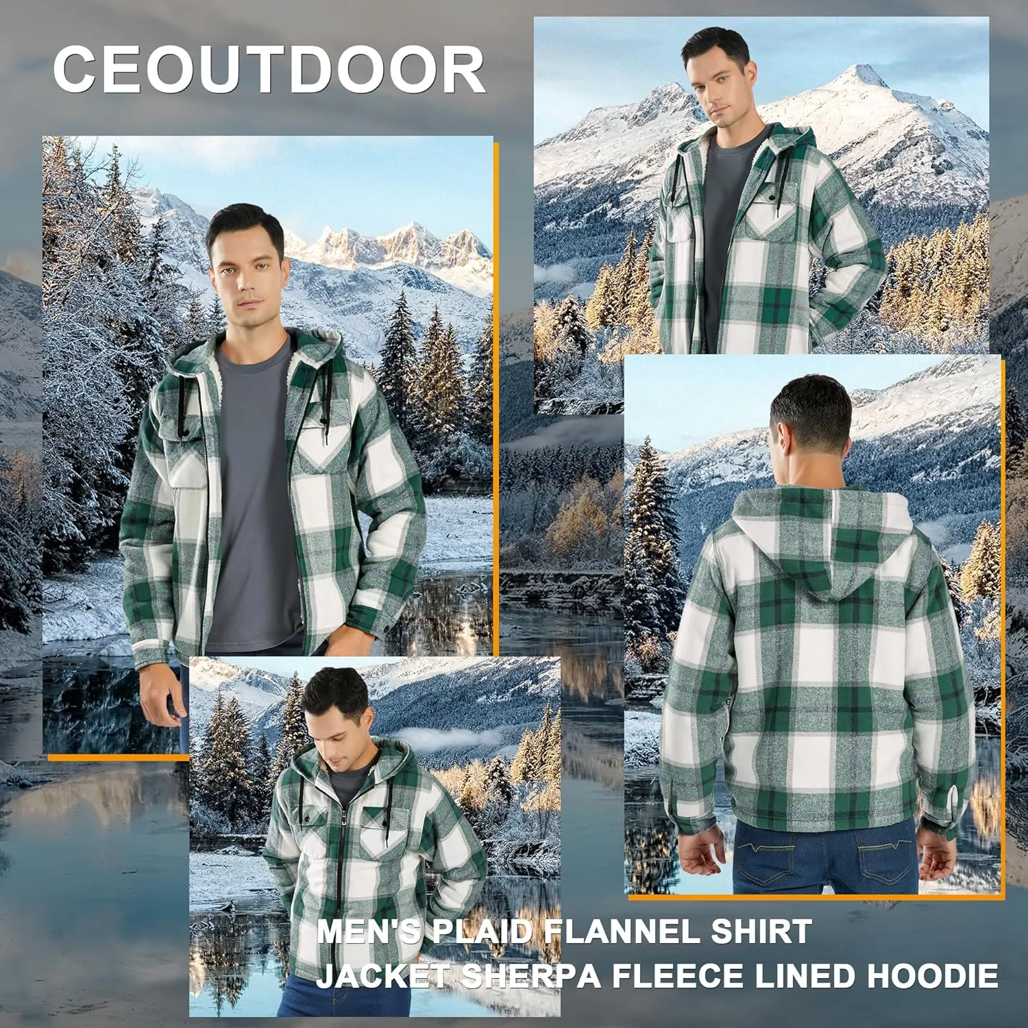 Mens Flannel Hoodie Jacket Fleece Lined Flannel Shirt Plaid Zip Up Sherpa Hooded Sweatshirt Warm Winter Coat