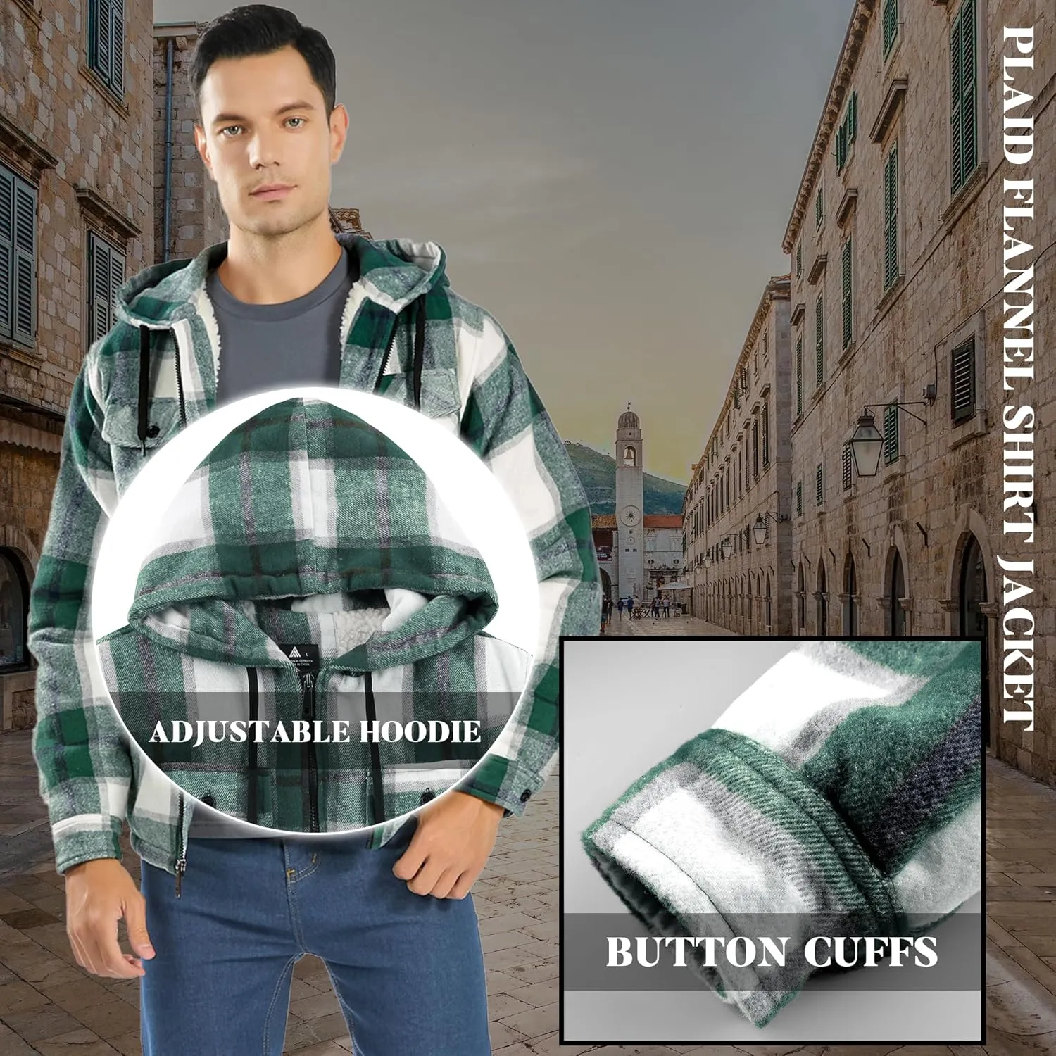 Mens Flannel Hoodie Jacket Fleece Lined Flannel Shirt Plaid Zip Up Sherpa Hooded Sweatshirt Warm Winter Coat