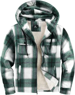 Mens Flannel Hoodie Jacket Fleece Lined Flannel Shirt Plaid Zip Up Sherpa Hooded Sweatshirt Warm Winter Coat