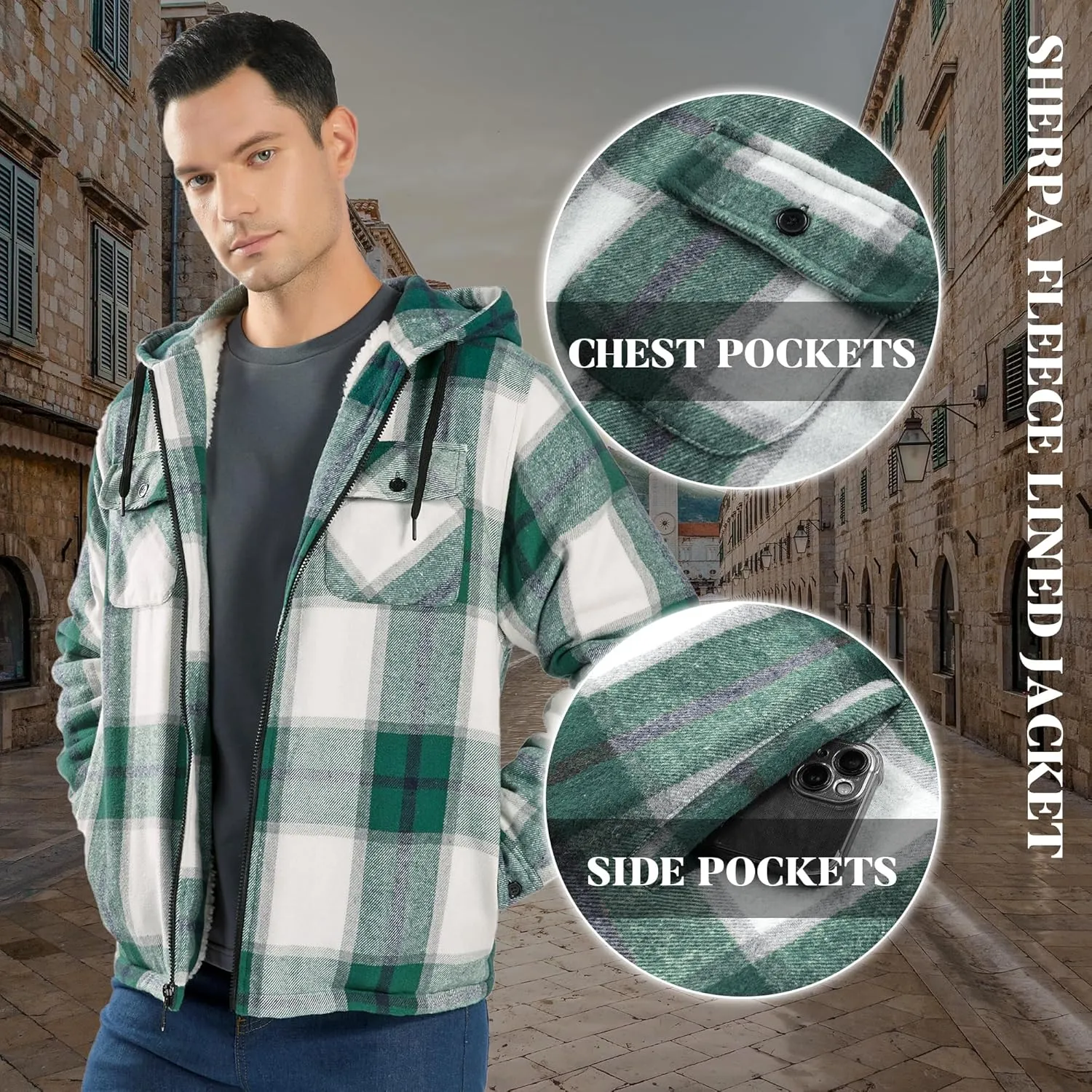 Mens Flannel Hoodie Jacket Fleece Lined Flannel Shirt Plaid Zip Up Sherpa Hooded Sweatshirt Warm Winter Coat