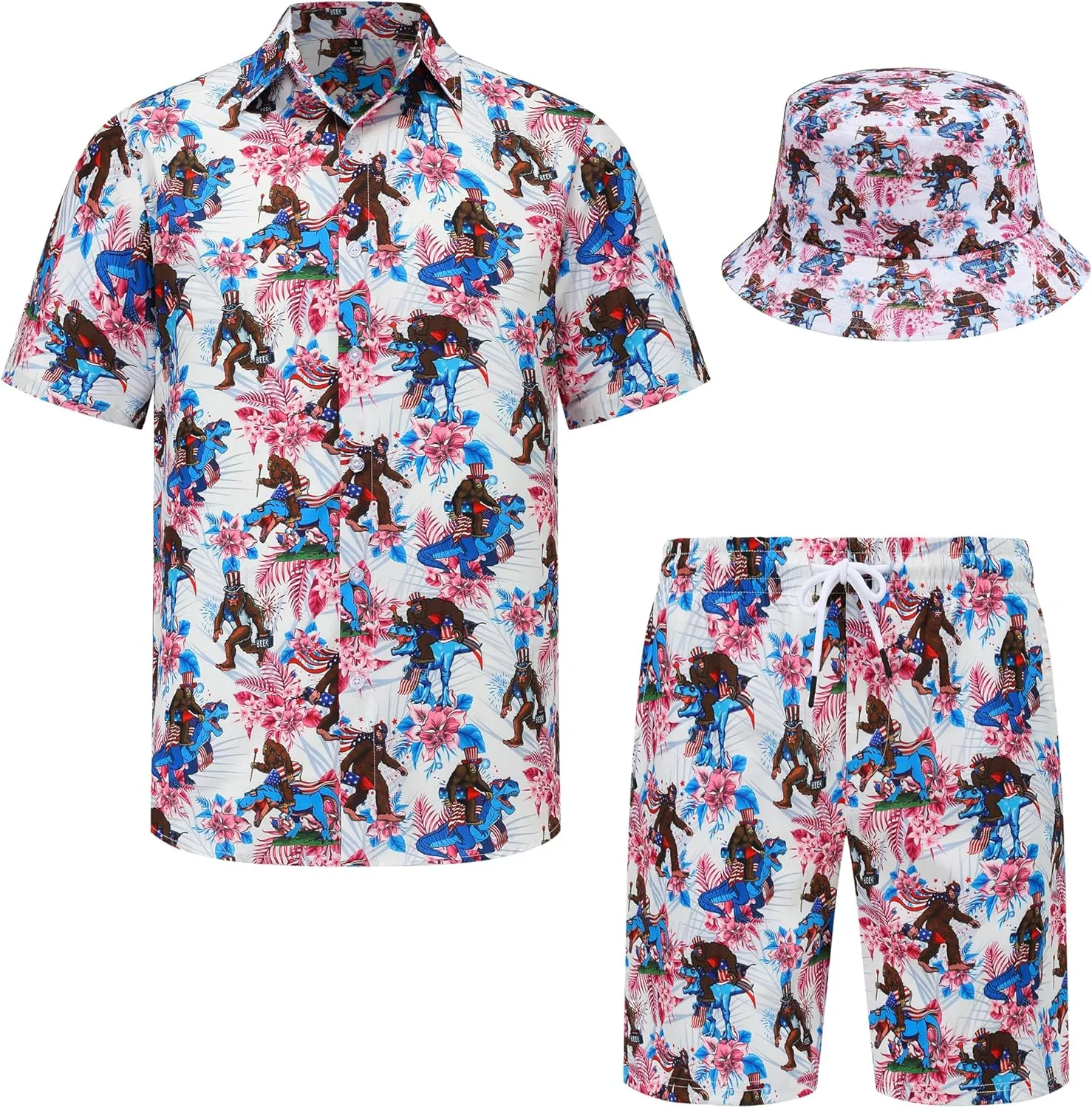 Mens Hawaiian Shirts and Shorts Set 2 Pieces Beach Outfits Summer Vacation Tropical Suit with Bucket Hats
