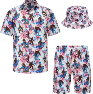 Mens Hawaiian Shirts and Shorts Set 2 Pieces Beach Outfits Summer Vacation Tropical Suit with Bucket Hats