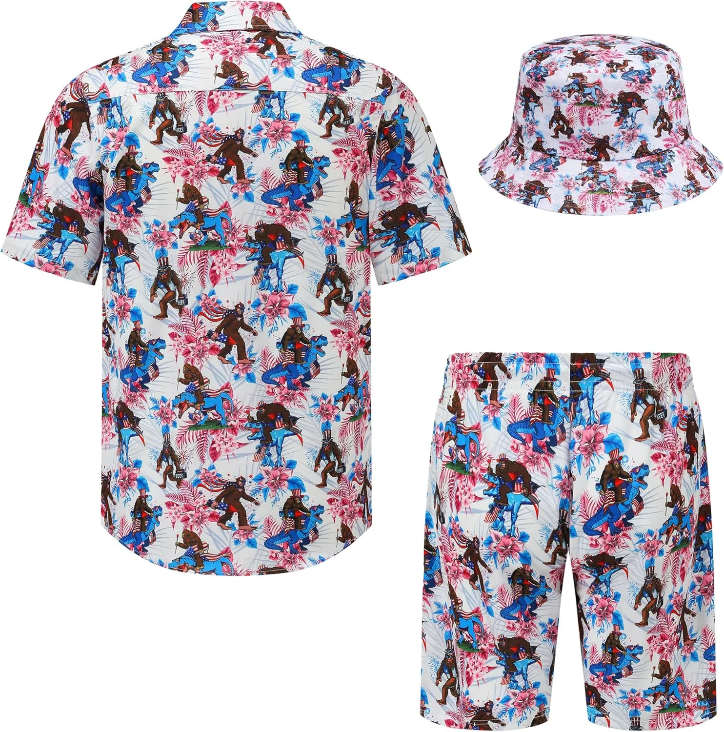 Mens Hawaiian Shirts and Shorts Set 2 Pieces Beach Outfits Summer Vacation Tropical Suit with Bucket Hats