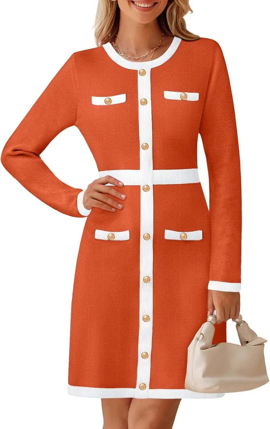 MEROKEETY Women's Long Sleeve Bodycon Sweater Dress Crewneck Color Block Button Knit Formal Midi Dresses