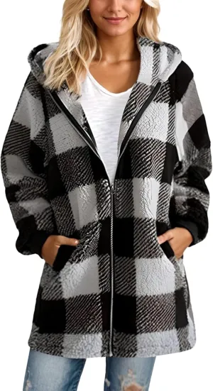 Plus Size Sherpa Jacket Women Plaid Oversized Fleece Full Zip Cardigan Sweater Comfy Fuzzy Winter Coat Hooded Outwear
