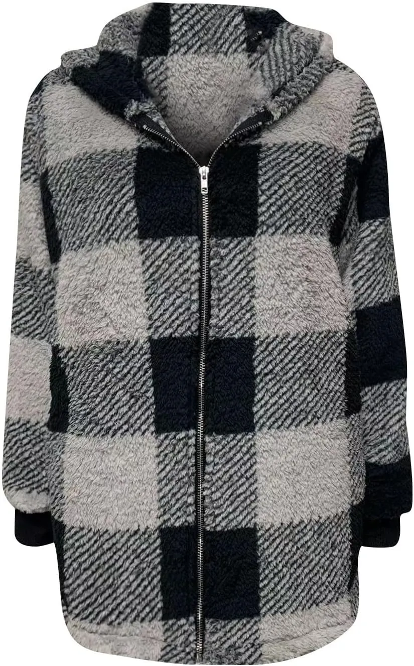 Plus Size Sherpa Jacket Women Plaid Oversized Fleece Full Zip Cardigan Sweater Comfy Fuzzy Winter Coat Hooded Outwear