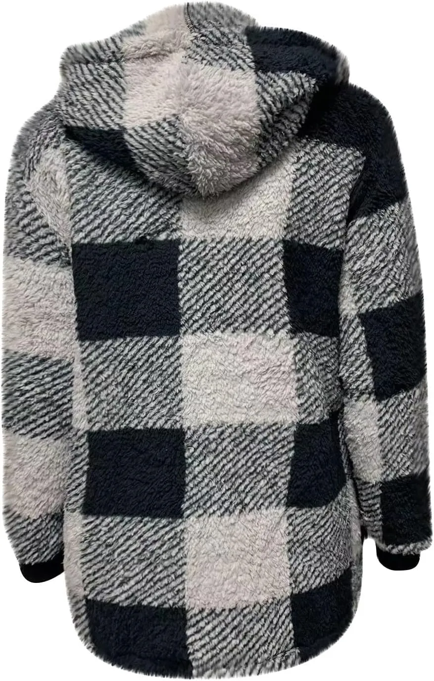 Plus Size Sherpa Jacket Women Plaid Oversized Fleece Full Zip Cardigan Sweater Comfy Fuzzy Winter Coat Hooded Outwear