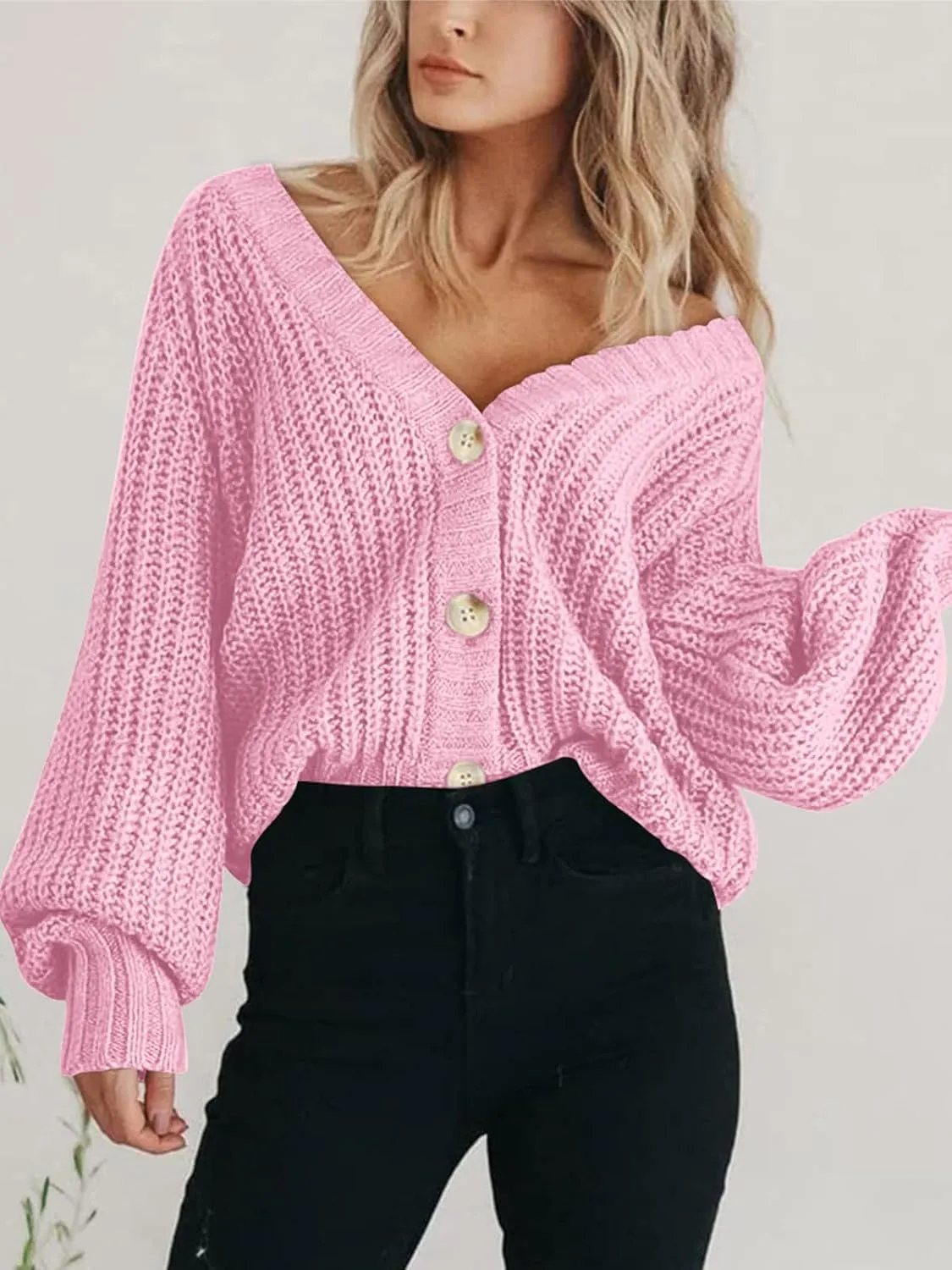 PRETTYGARDEN Women's Chunky Knit Open Front Sweater Long Sleeve Button Loose Short Cardigan Outerwear Coats