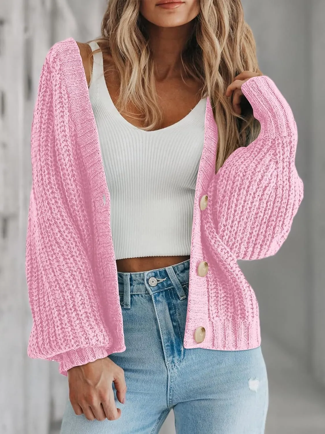 PRETTYGARDEN Women's Chunky Knit Open Front Sweater Long Sleeve Button Loose Short Cardigan Outerwear Coats