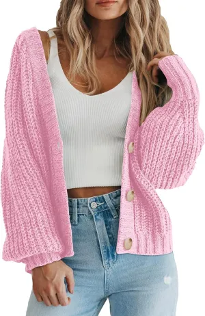 PRETTYGARDEN Women's Chunky Knit Open Front Sweater Long Sleeve Button Loose Short Cardigan Outerwear Coats
