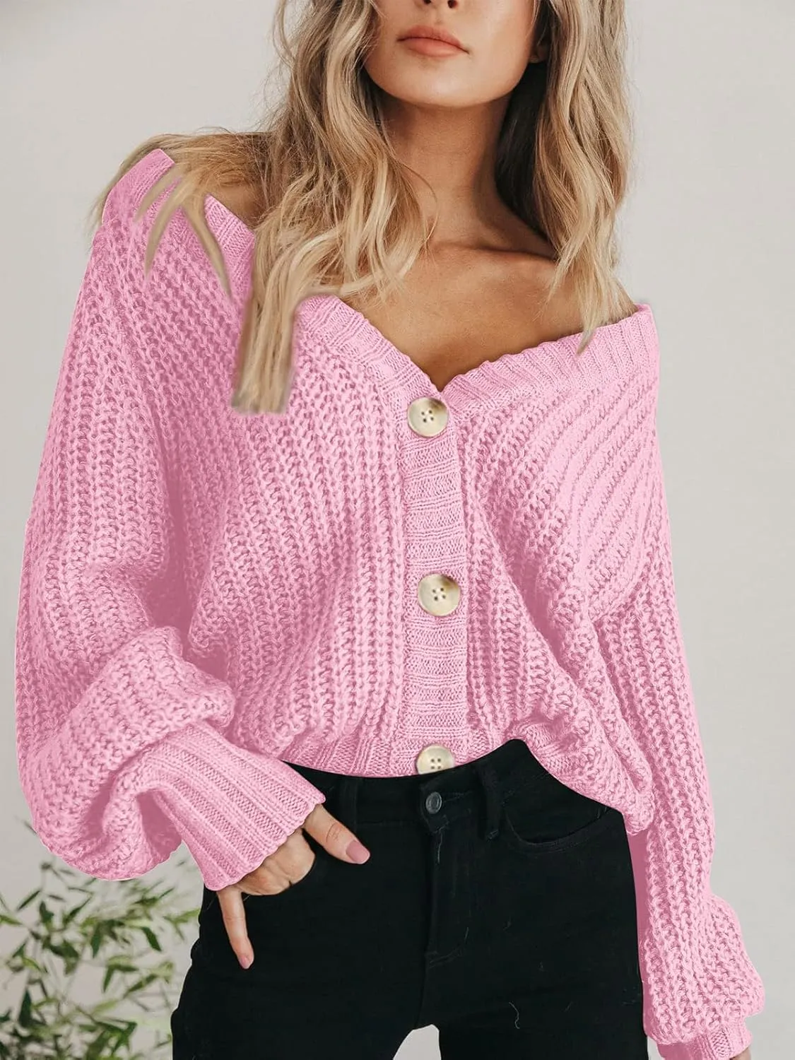 PRETTYGARDEN Women's Chunky Knit Open Front Sweater Long Sleeve Button Loose Short Cardigan Outerwear Coats