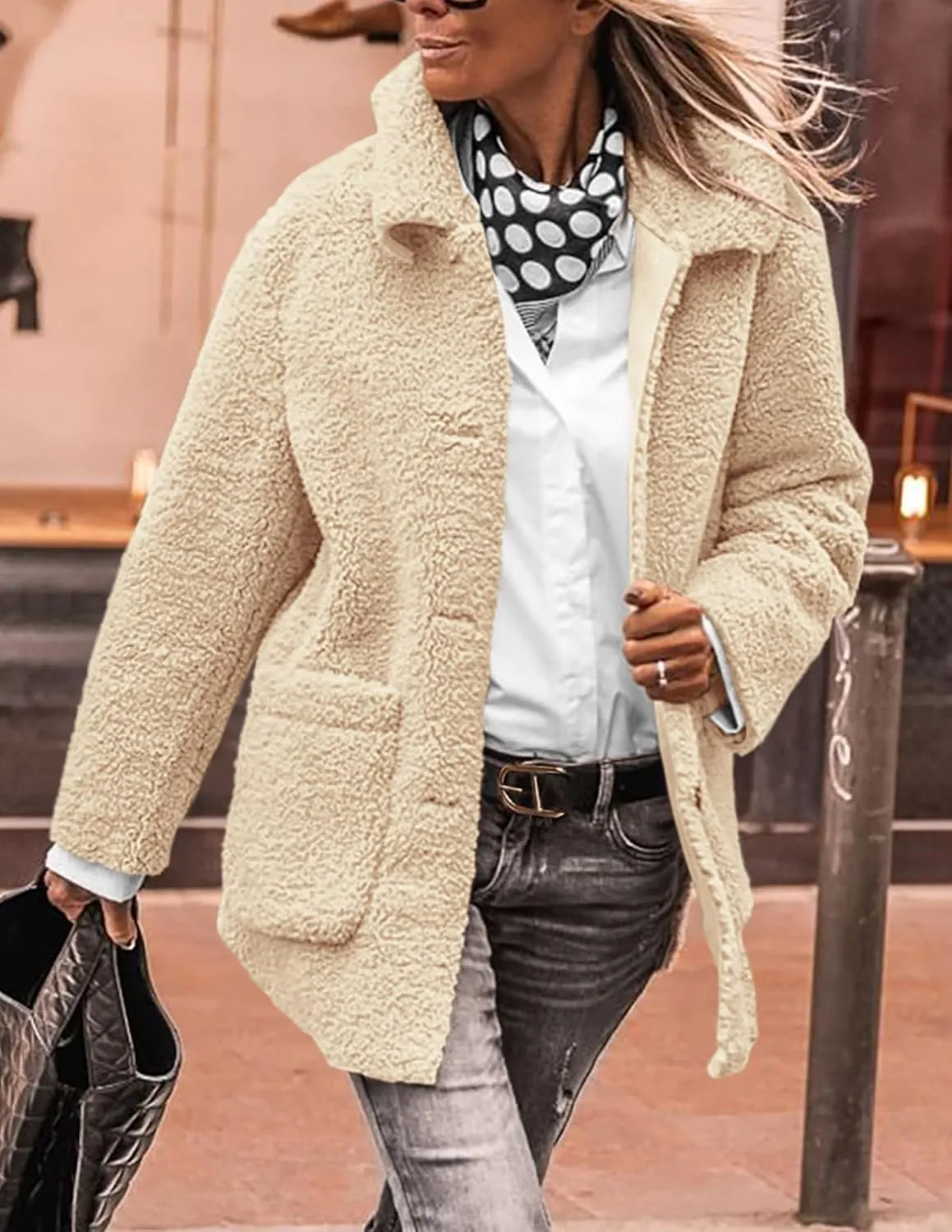 PRETTYGARDEN Women's Winter Faux Fur Coats Long Sleeve Lapel Button Down Pockets Fleece Sherpa Jacket Casual Trendy Outerwear