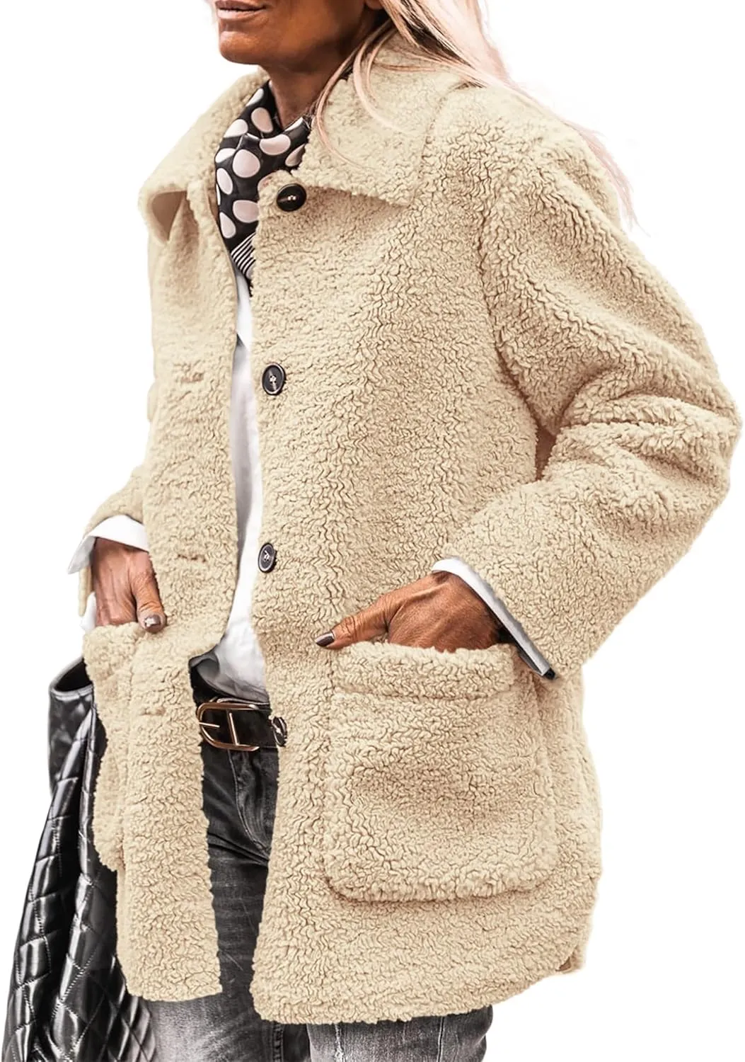 PRETTYGARDEN Women's Winter Faux Fur Coats Long Sleeve Lapel Button Down Pockets Fleece Sherpa Jacket Casual Trendy Outerwear