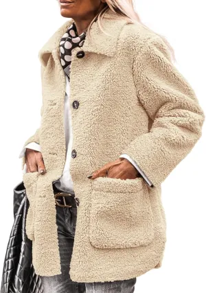 PRETTYGARDEN Women's Winter Faux Fur Coats Long Sleeve Lapel Button Down Pockets Fleece Sherpa Jacket Casual Trendy Outerwear