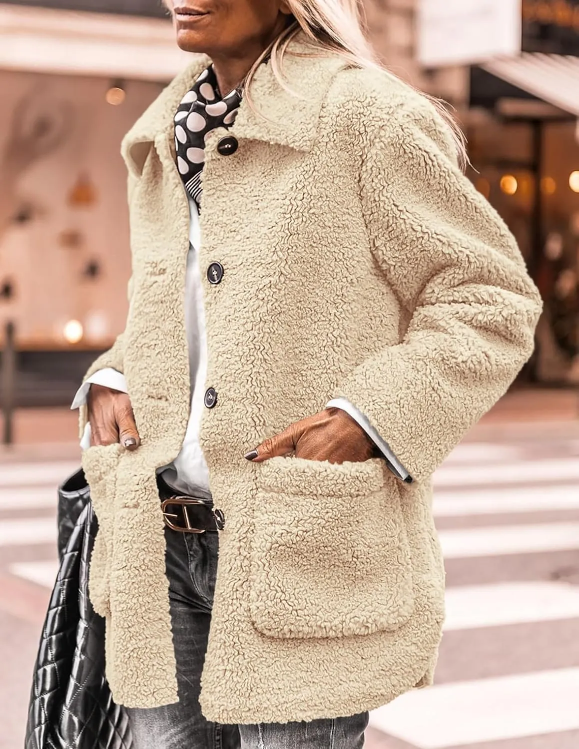 PRETTYGARDEN Women's Winter Faux Fur Coats Long Sleeve Lapel Button Down Pockets Fleece Sherpa Jacket Casual Trendy Outerwear