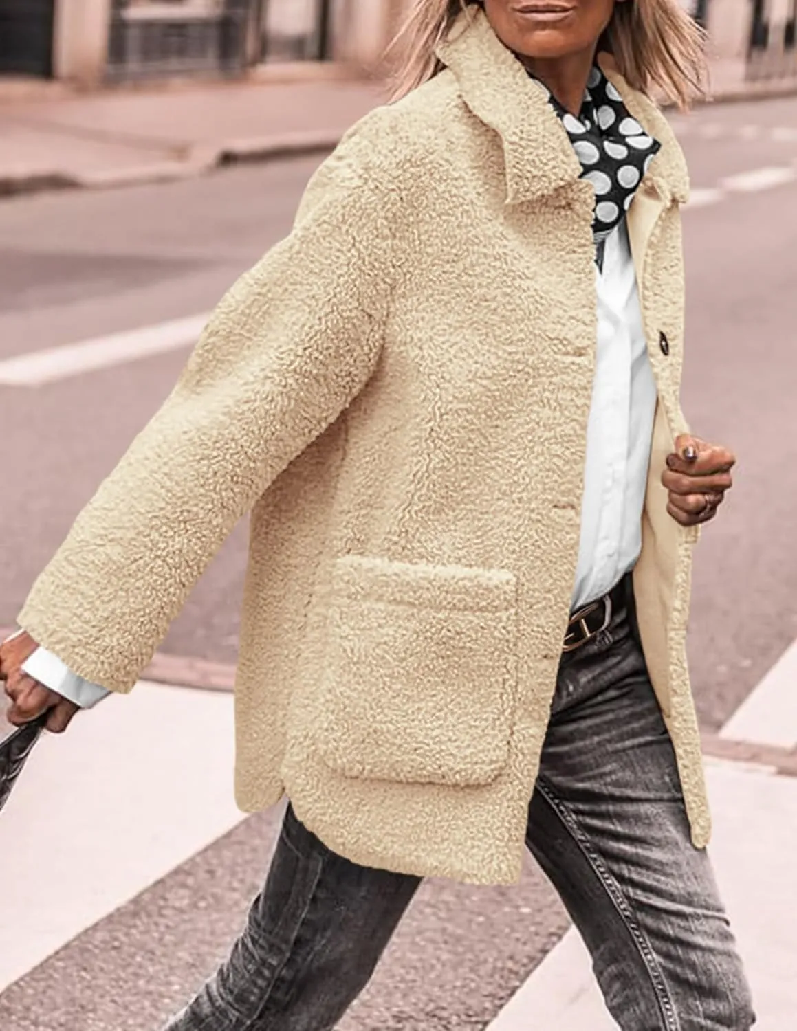 PRETTYGARDEN Women's Winter Faux Fur Coats Long Sleeve Lapel Button Down Pockets Fleece Sherpa Jacket Casual Trendy Outerwear