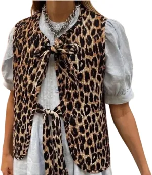 Puffer Quilted Vest Women Fall Leopard Floral Tie Front Y2k Sleeveless Waistcoat Coquette Cottagecore Clothes